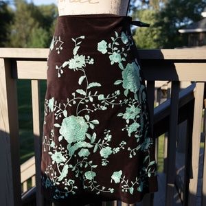 Boden Women's Brown Velvet skirt with Turquoise Floral Embroidery US4/UK8